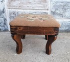 Antique Victorian Square Wood Floral Needlepoint Foot Stool