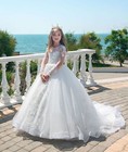 White Princess Flower Girl Dress Long Sleeve With Train Pageant Party Ball Gowns