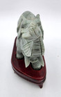 Carved Green Stone Elephant Figurine Lucky Trunk Up Statue Wood Base Vtg
