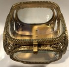 Vintage Ormolu Filigree Round Casket Jewelry Trinket Box Beveled Glass 