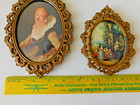 Vntg Pair Victorian Style Pictures Oval Metal Frames  Oval Glass Made In Italy