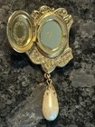 Vintage Victorian Style Locket Pin Brooch Gold Tone Drop Pearl 1928 