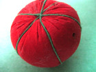 Tomato Pin Cushion Small  With Vintage Pins Red Green 2 X 1 5 In