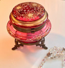 Antique-czech Glass Dresser Box-footed-large Hinged Cranberry Powder Jar