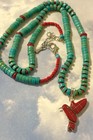 Navajo Sterling Silver Coral Hummingbird 925 Pendant Carved Turquoise Necklace