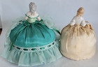 Pair Antique vintage Hatpin Holders Porcelain 1 2 Doll fabric Pin Cushions