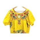 Vintage Mexican Huipil Dress Boho Embroidered Folk Floral Kaftan Yellow Folk Art