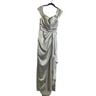 Silver Satin Off Shoulder Bridesmaid Dress High Slit Long Prom Formal Evening 4