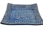 Studio Art Pottery Blue Ornate Ceramic Kitty Cat Trinket Tray Coin Dish 5 x3 5 