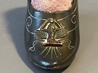Pair Antique Shoe Figural Pin Cushions Egyptian Sphynx  Bow Sewing Pincushions