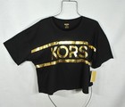 Michael Kors Women s Blouse 1x Black Goldtone Kors Logo Cropped Shirt Top Nwt