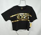 Michael Kors Women s Blouse 1x Black Goldtone Kors Logo Cropped Top Shirt Nwt