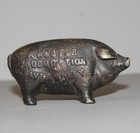 Antique Cast Iron Pig Coin Penny Bank     Advertising     A Hog For Production Saves