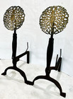 1900 s Ernest Gimson Style Art Nouveau Wrought Iron brass Andirons W log Stops