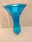 Vintage 15 5  Cobalt Blue With Clear Glass Base Wide Mouth Vase