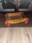 Vintage Playskool Wooden Pull Wagon Toy Red Wheels Short Rope 1950s 1960s