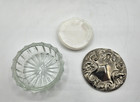 Vintage Glass Powder Jar Ornate Silver-plated Lid W mirror   Powder Puff