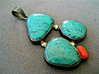 Large Southwestern Style Bird s Eye Turquoise   Coral Sterling Silver Pendant