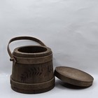 Vtg Wooden Firkin Sugar Bucket W lid   Swing Handle Primitive Sewing Box 5 