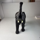 Vintage Black Leather Covered Paper Mache Elephant Sculpture Trunk Up
