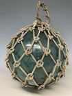 13    Antique Turquoise Signed Glass Fishing Float Buoy Hand Blown With Netting