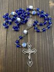 Blue Glass Beaded Rosary Catholic White Flowers Beaded Necklace Cross Crucifix