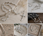 Catholic Rosary Beads Crystal Silver Crucifix Necklace Prayer Beads 18 
