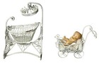 Vintage Dollhouse Miniature White Wicker Wire Baby Crib   Stroller Metal