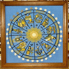 Vintage Zodiac Wheel Crewel Embroidery Wood Framed 17    Astrology Horoscope Rare