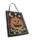Halloween Pumpkin Ribbon Wool Hooked Rug Wall Hanging Fall Handmade 9 x12 