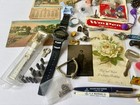 Vintage Junk Drawer Lot Jewelry Pins Tin Type Postcards Watches Trinkets  60 
