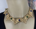 Unusual Vtg Abstract Hammered Gold Tone Blue Green Lucite Cabochon Choker 15   