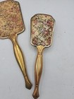 Vintage Floral Tapestry Back Gold Tone Handheld Mirror Brush Vanity Set 