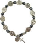 Protection Silver Tone Saint Benedict Medal Hematite Bead Bracelet 7 1 2 Inches