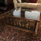 Antique Custom Thick Glass Wood Wrought Iron 42in Square Coffee Table  