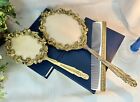 Vintage Brush   Comb  Mirror Gilt Metal Dresser Set Ornate Design Hand Held 3 Pc