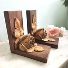 Antique Rose Wood Bookends Hand Carved Floral Library French Country Decor