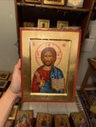Christ Blessing Orthodox Icon 18kt Gold Leaf Carved Wood  handmade  18x24cm