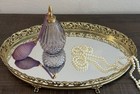 Vintage Gold Filigree Oval Mirrored Vanity Tray Footed Floral Perfume 14   