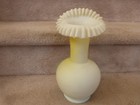 Antique Vintage Yellow White Satin Art Glass Flower Vase Ruffled Edge 10 75 