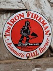 Vintage Iron Fireman Porcelain Sign Old Automatic Coal Burning Furnace Heating
