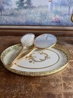 Vintage Gold-tone Vanity Set With Floral Tray  Hand Mirror And Brush