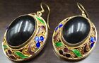 Beautiful Antique Chinese Export Silver  Onyx   Colorful Enamel Earrings