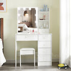 White Makeup Vanity Table Set With Sliding Lighted Mirror And Stool 6 Drawers Us