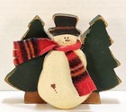 Vtg Primitive Folk Art Wood Hand Painted Snowman With Pine Trees Plaid Scarf 6 