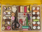 Wilson Vtg Plastic Yellow Gold Sewing Storage Box Case Thread Button Notions Lot