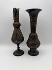 Vintage Pair Black Lacquer Etched Brass India Vase   Pitcher Ewer Floral 8   
