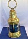 Perko Antique Brass Ship Lantern - Blue Glass Nautical Lantern - Signal Lamp
