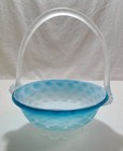 Vintage Diamond Quilted Satin Art Glass Basket Aqua Blue Handle Mother Of Pearl