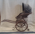 Antique Victorian Wicker Doll Carriage - Iron Frame W  Canopy - Nice Condition
